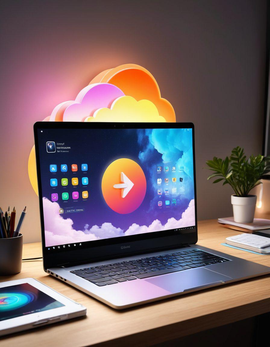 A modern workspace featuring a sleek laptop displaying a digital dashboard with cloud storage icons, surrounded by organized folders and innovative gadgets. Include a visual representation of secure file transfer in the background, with vibrant cloud motifs and a lightbulb symbolizing tips and ideas. The scene should exude an organized, tech-savvy vibe. super-realistic. vibrant colors. minimalistic design.