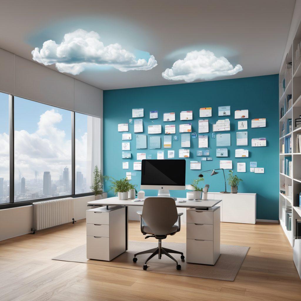 A visually organized workspace featuring a cloud icon surrounded by categorized file folders, each labeled with different file types. The background shows a sleek, modern digital interface with floating data symbols, emphasizing simplicity and ease of access. A person is interacting with the interface, showcasing productivity and clarity. super-realistic. vibrant colors. minimalistic design.