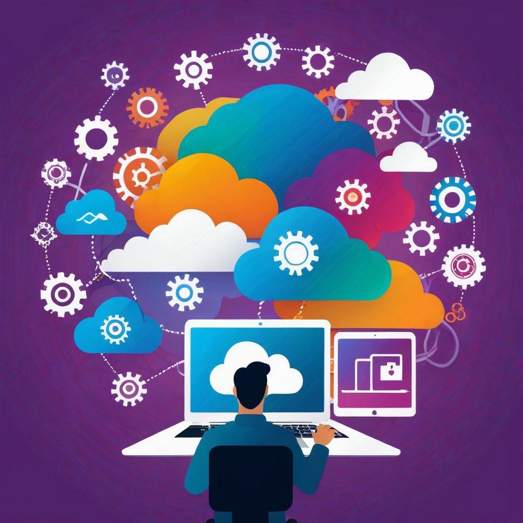 A visually engaging illustration of a person easily sharing files from multiple devices like a laptop, smartphone, and tablet to a cloud storage icon, surrounded by gears representing organization and backup. Incorporate digital file icons, vibrant colors, and a seamless flow to symbolize effortless sharing. The background should be a subtle gradient that emphasizes ease and technology. modern vector art. vibrant colors. white background.
